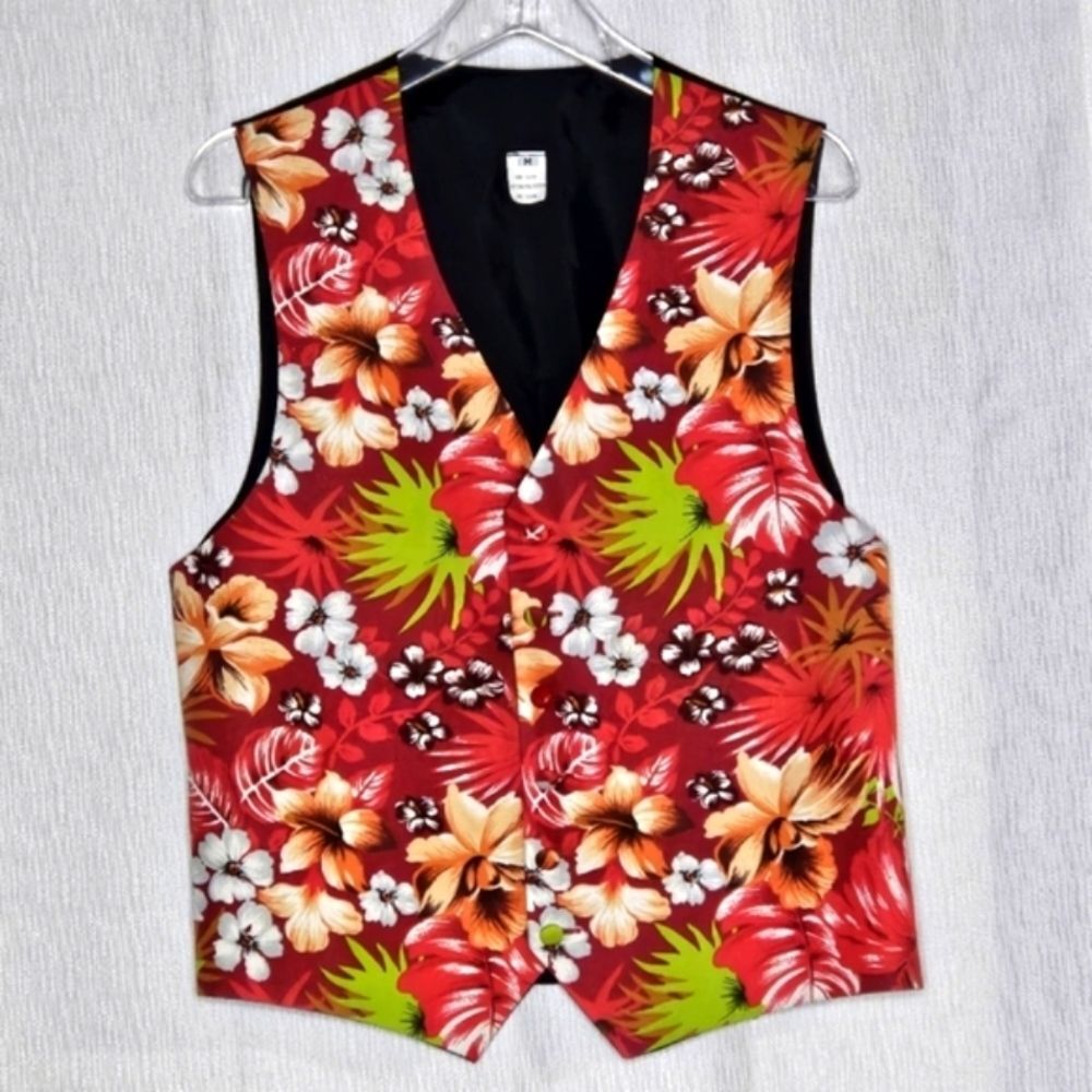 Santana Formal Wear Red Hawaiian Print Adjustable Waist Button Front Tuxedo Vest